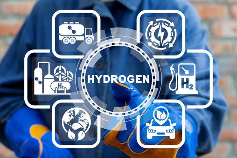 Hydrogen economy infographic with icons for production, transport, fueling, and applications.
