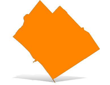 Orange silhouette map of Santa Monica with a drop shadow.