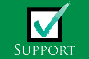 Teal checkmark in a white square above the word "SUPPORT" on a green background.