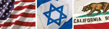 United States, Israel and California flags displayed side by side.