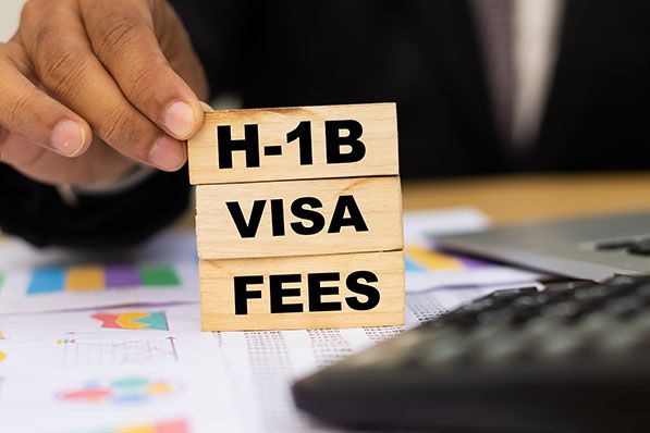 A hand arranges wooden blocks reading H-1B VISA FEES beside paperwork and a calculator.
