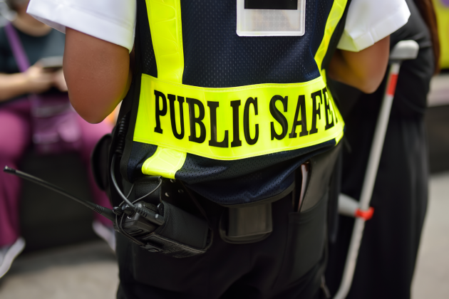 Close-up of a person wearing a fluorescent vest labeled PUBLIC SAFETY.