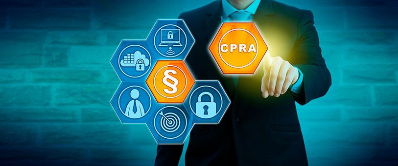 A person touches a glowing CPRA icon among digital privacy and security symbols.
