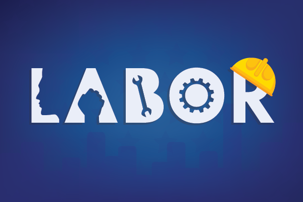 The word LABOR incorporates tool and gear shapes with a yellow hard hat on a blue background.