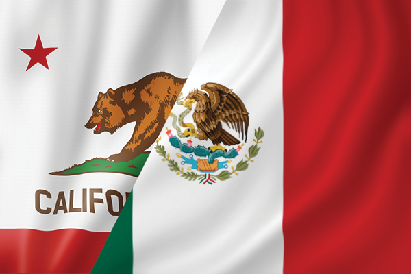 Overlapping California and Mexico flags with bear and eagle emblems.