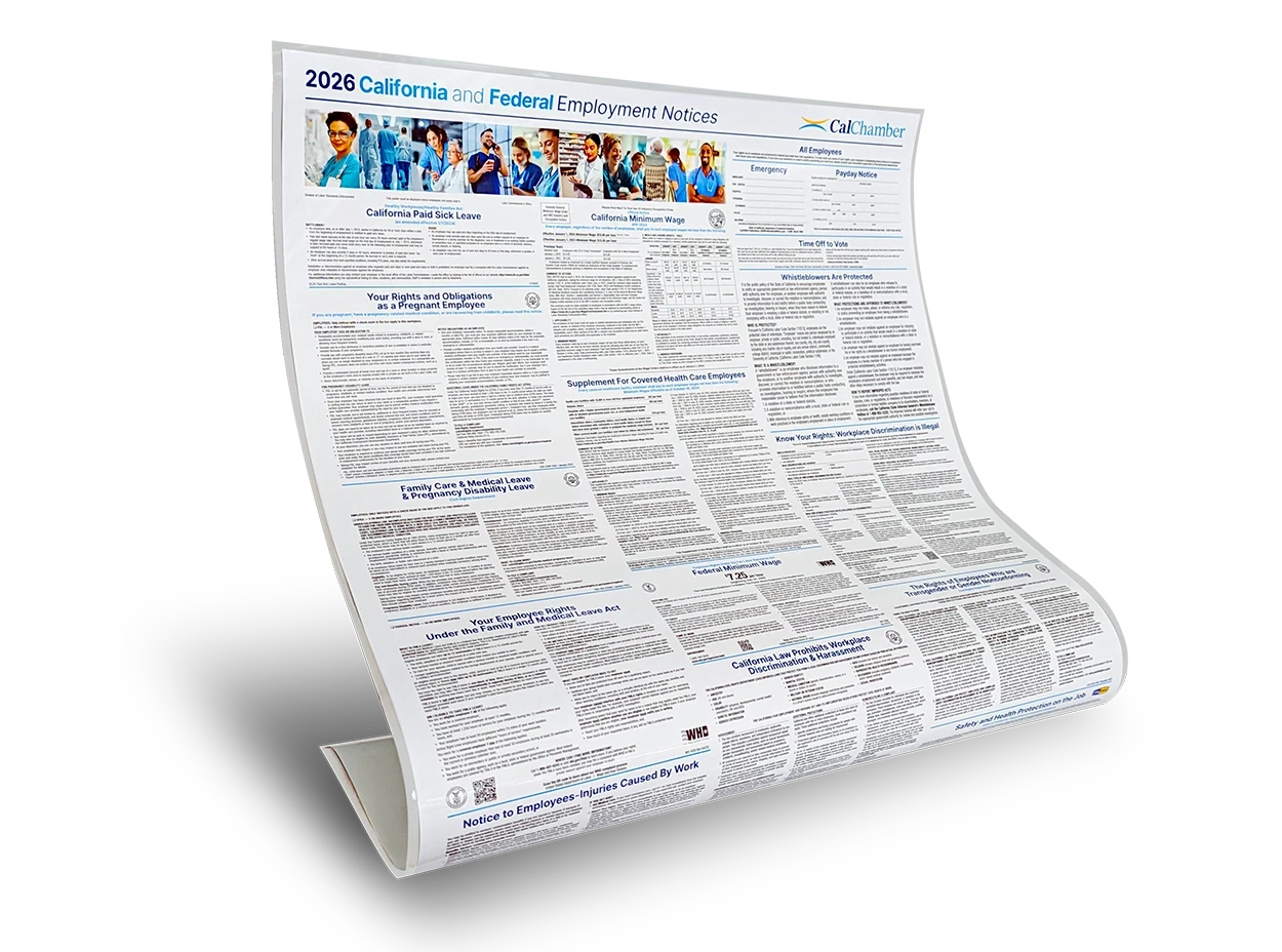 A curled 2026 California and Federal Employment Notices poster with healthcare worker photos.