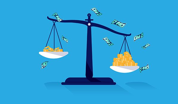 Illustrated balance scale with unequal piles of coins and banknotes floating around it.