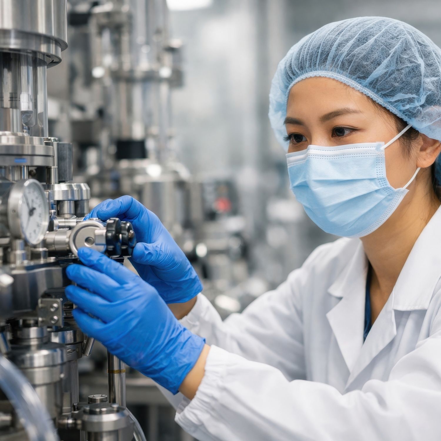 A masked worker in a hairnet, white coat and blue gloves adjusts stainless-steel equipment.