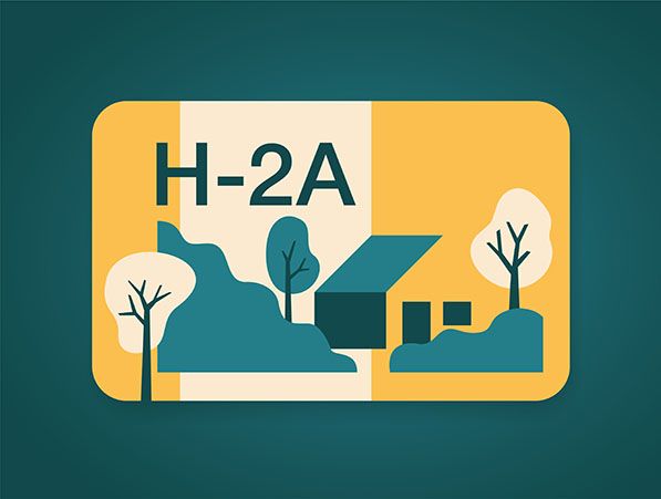 H-2A text above a stylized farm building and trees on a yellow panel.