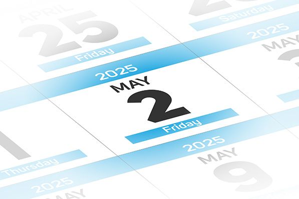 Calendar page highlighting Friday, May 2, 2025.
