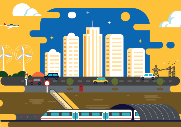 Illustration of city infrastructure with high-rises, cars, wind turbines, power lines and an underground train.