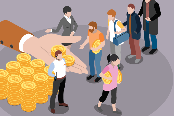 Illustration of a large hand distributing coins to people beside stacked gold coins.