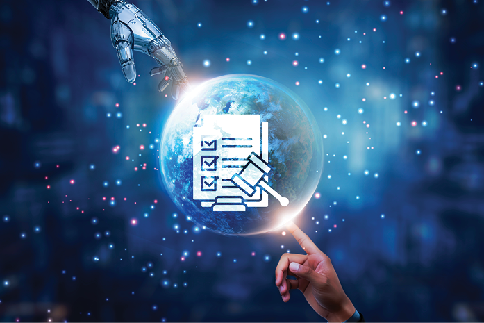 A human hand and robotic hand reach toward a glowing globe with a checklist and gavel symbol.