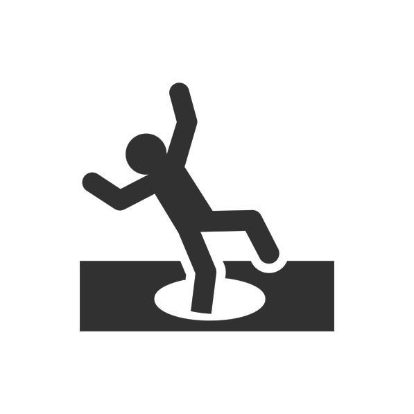 Black safety pictogram of a person falling through a hole in the floor.