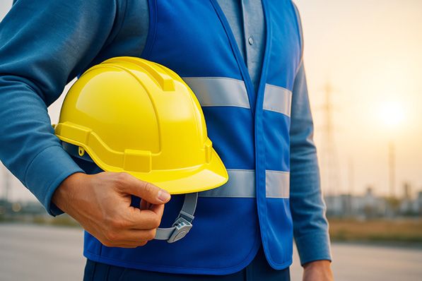 Close-up of a worker wearing a blue reflective vest and holding a yellow hard hat.