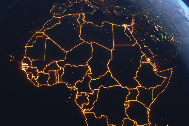 Africa viewed on a dark globe with national borders illuminated in orange.