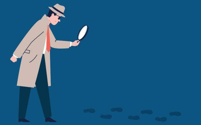 Illustration of a detective with a magnifying glass examining footprints on a dark blue background.