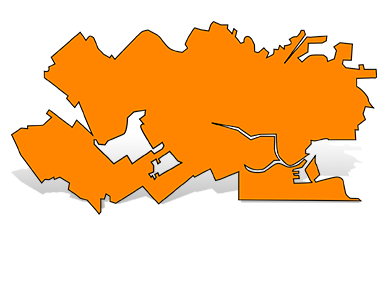 Orange silhouette map of South San Francisco with a drop shadow.