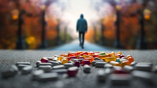 Scattered pills lie on a path in the foreground as a blurred person walks away among autumn trees.