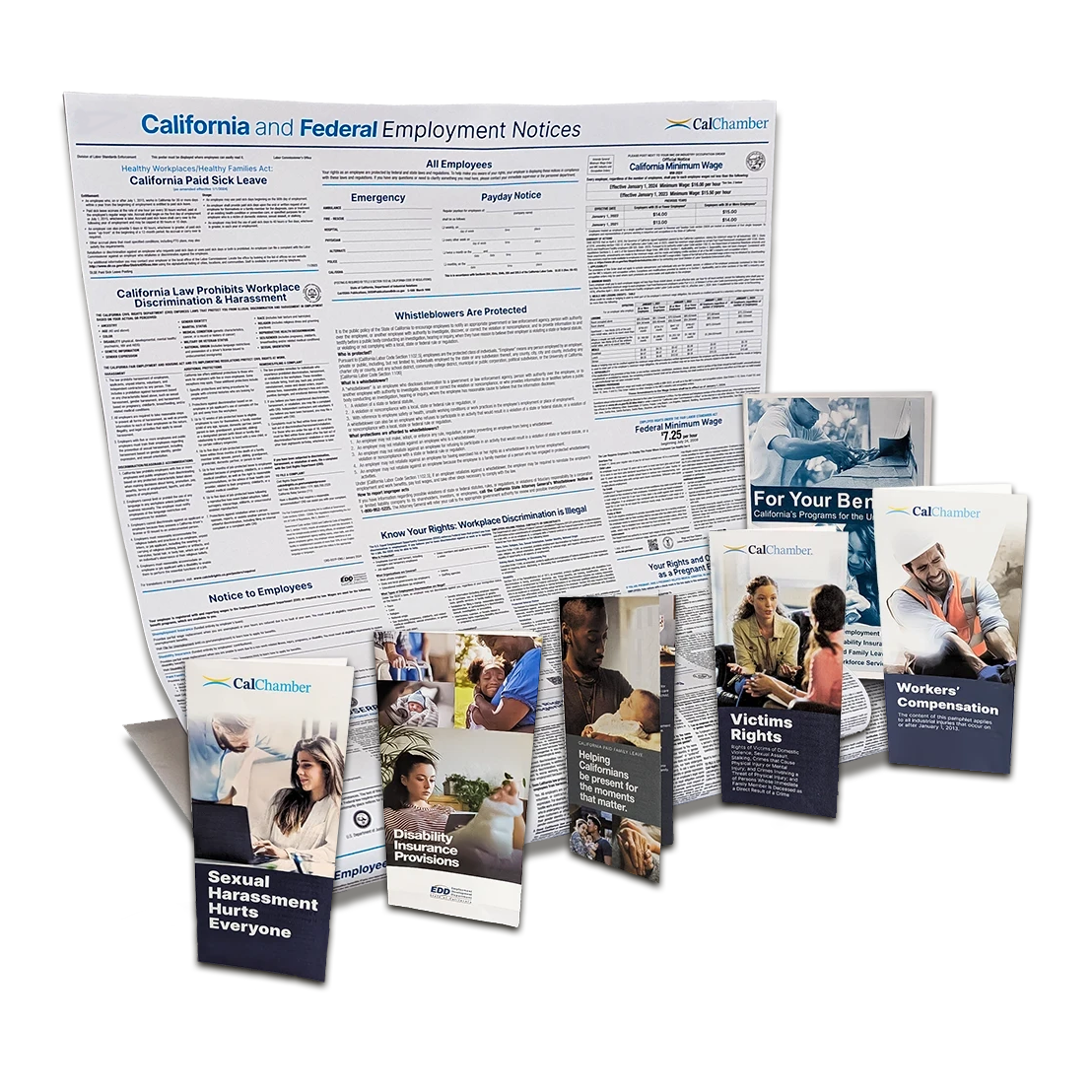 A CalChamber poster titled "California and Federal Employment Notices" displayed with multiple employment-related brochures.