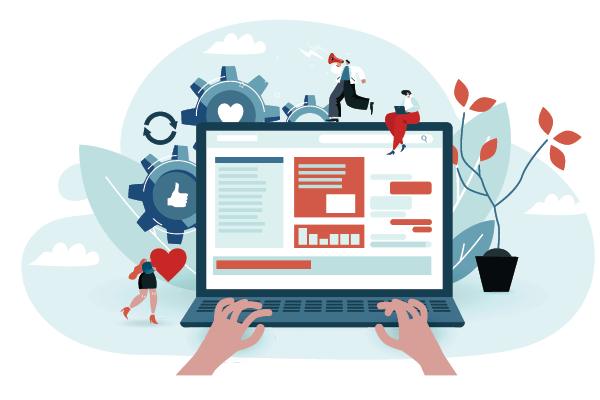 Illustration of hands using a laptop surrounded by people, gears, leaves and interface symbols.