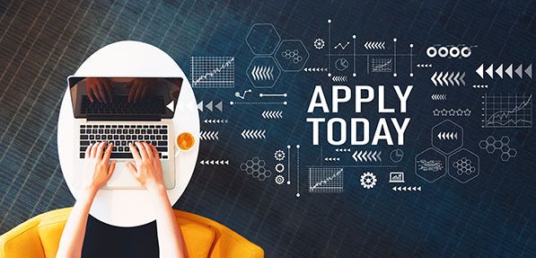 Apply Today graphic beside an overhead view of a person using a laptop, surrounded by white diagram icons.