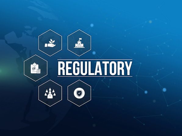 REGULATORY text with outlined hexagonal icons on a blue world-map background.