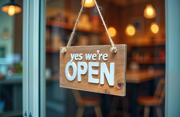A wooden Yes We’re Open sign hangs in a shop window.