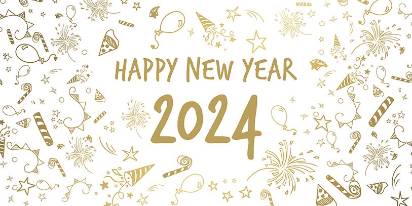 Happy New Year 2024 in gold surrounded by illustrated streamers, stars and party decorations.