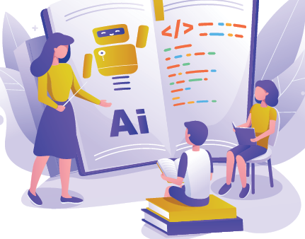 Illustration of people studying a large open AI book with programming symbols.