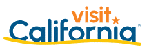 Visit California logo in orange and blue with a yellow underline and small orange star.