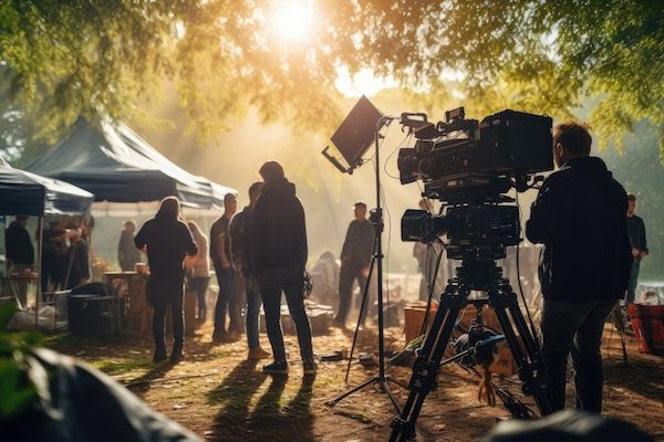 A film crew works with a large camera and lighting equipment outdoors beneath sunlit trees.