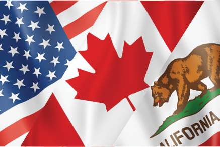 Overlapping United States, Canada and California flags.