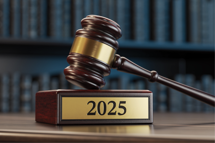A wooden gavel rests above a gold plaque marked 2025, with books in the background.