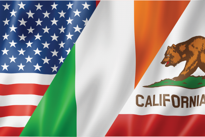 U.S., Irish and California flags displayed side by side.