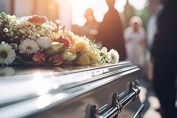 A floral arrangement rests on a closed coffin, with blurred mourners in the background.