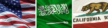 United States, Saudi Arabia and California flags displayed side by side.