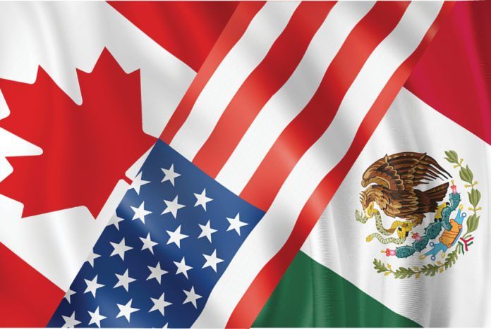 Canada, United States and Mexico flags arranged diagonally.