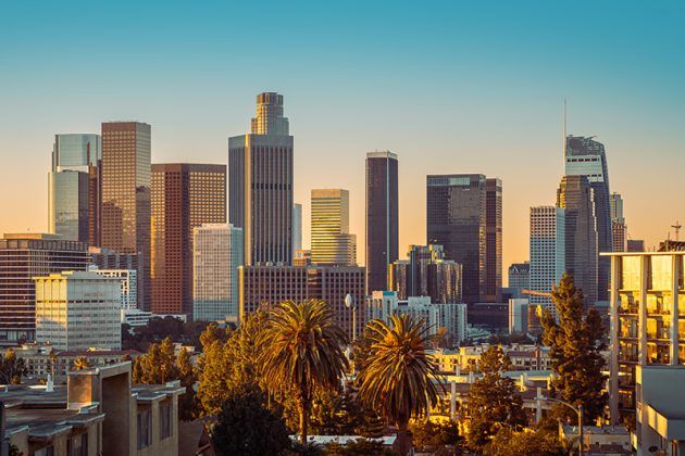 Downtown Los Angeles skyline with palm trees in warm evening light.