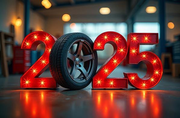 Illuminated red 2025 numerals with a car tire replacing the zero in an auto workshop.