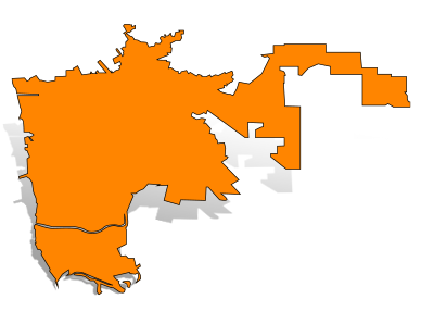 Orange silhouette map of Hayward with a gray drop shadow.