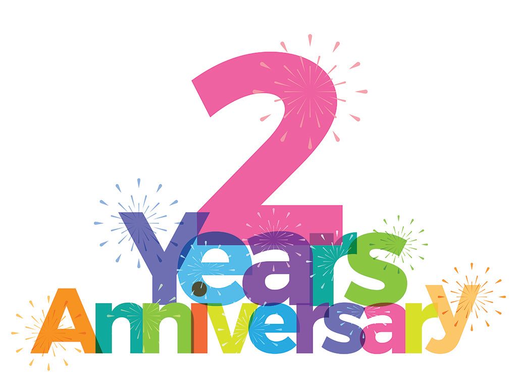 Colorful "2 Years Anniversary" graphic with fireworks.