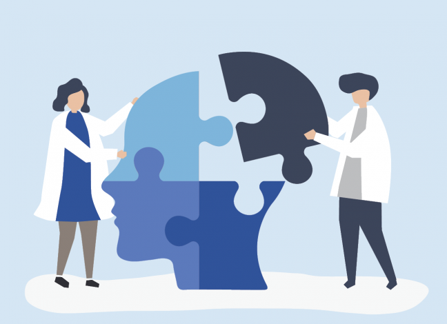 Illustration of two healthcare workers assembling puzzle pieces shaped like a human head.