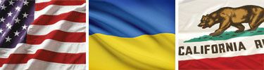 United States, Ukraine and California flags displayed side by side.