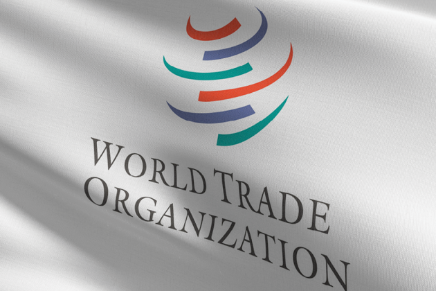 World Trade Organization emblem and lettering printed on rippling white fabric.