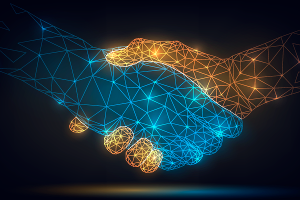 A glowing blue and orange wireframe illustration of two hands shaking.