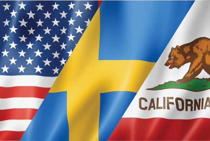 United States, Swedish and California flags displayed side by side.