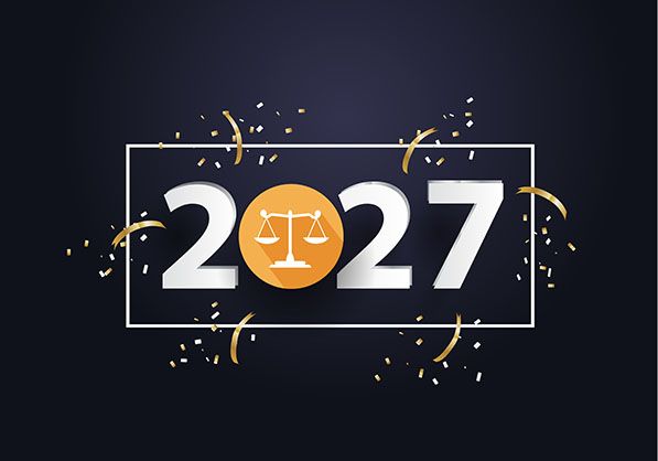2027 with a scales of justice icon instead of the '0', framed and surrounded by confetti.