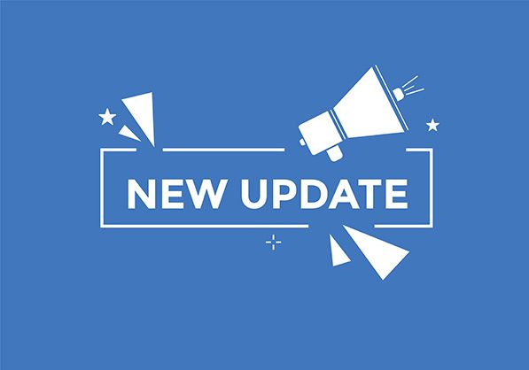 White New Update lettering and a megaphone icon on a blue background.