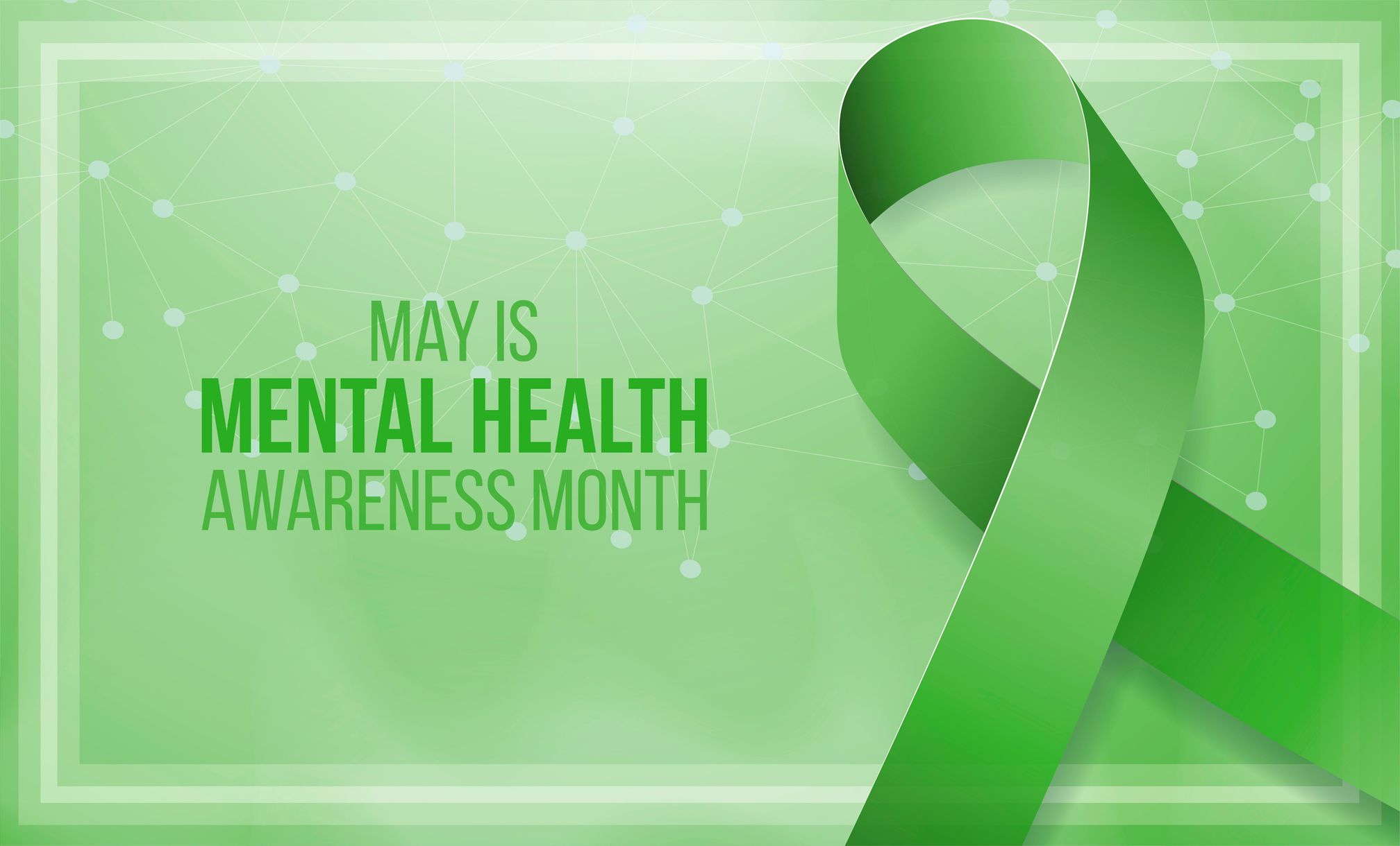 May Is Mental Health Awareness Month graphic with a large green ribbon.